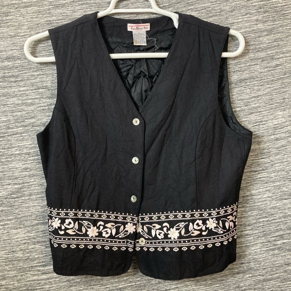 Talbots Black Vest White Floral Embroidery Button-Up Sleeveless Top